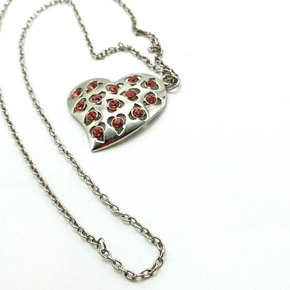 Silver-tone Heart Necklace Red Rhinestones - Picture 6 of 15